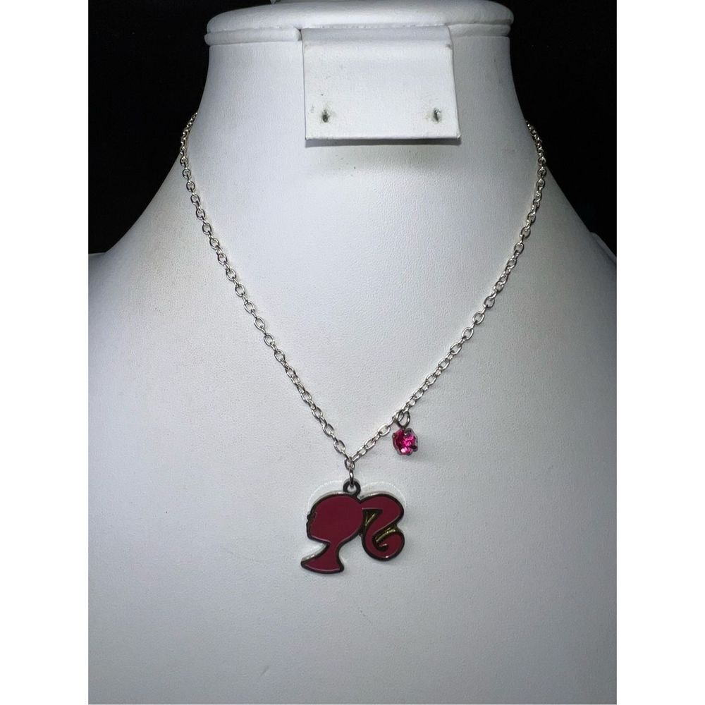Mattel Silver Tone and Pink Enameled Barbie Silhouette with Pink Rhinestone Neck